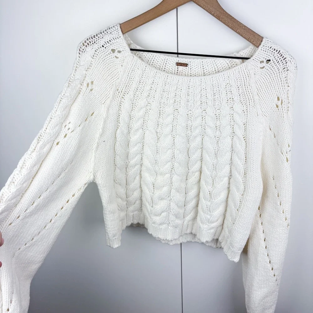 Free People Sandre Pullover Sweater White Cable Knit Crop Cotton Blend Medium - Picture 5 of 7